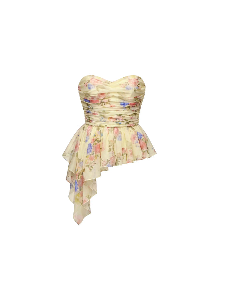 Joan, corset top in pale yellow crepe de chine with a floral print