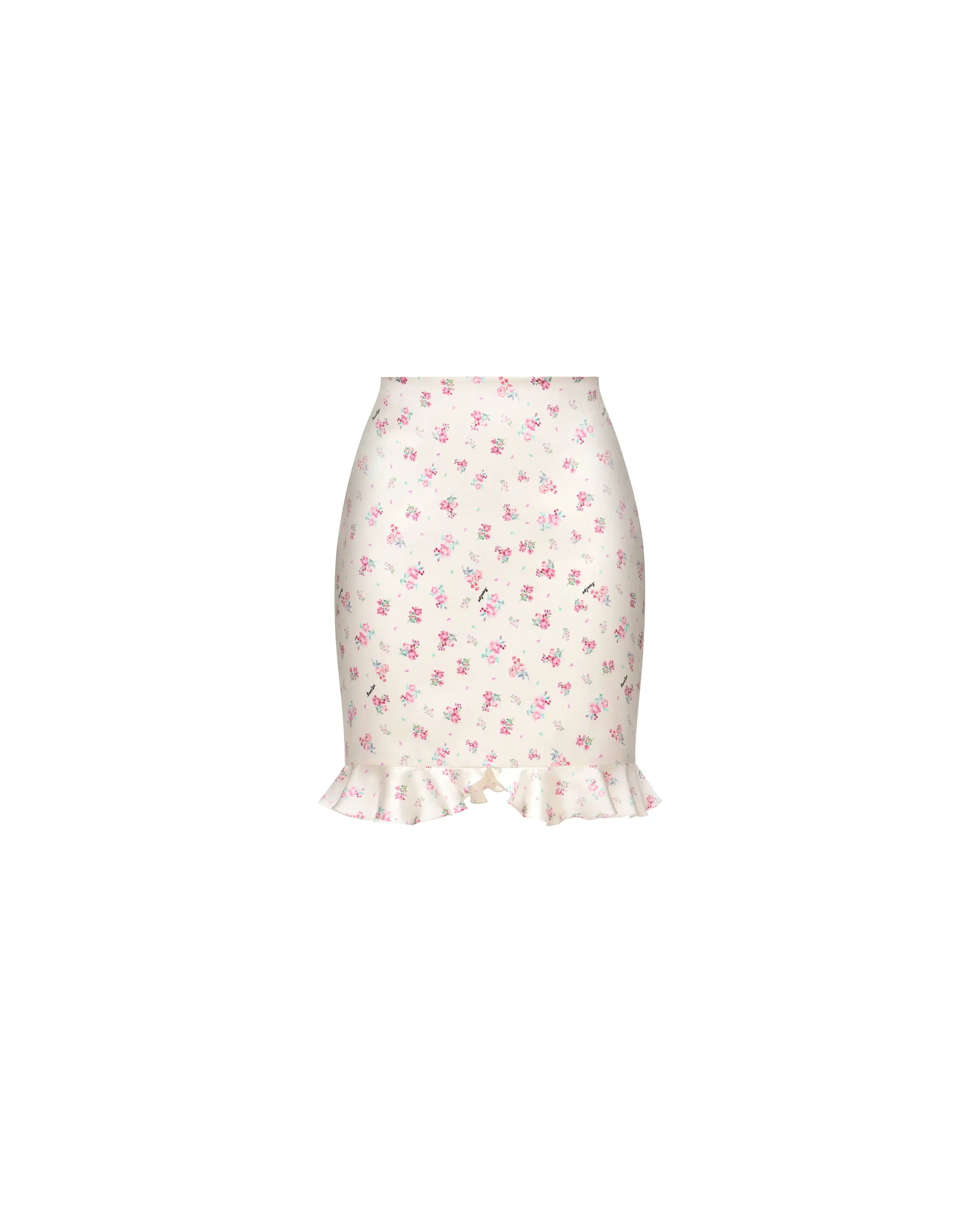 Mona, mini skirt in milky satin with small raspberry flowers