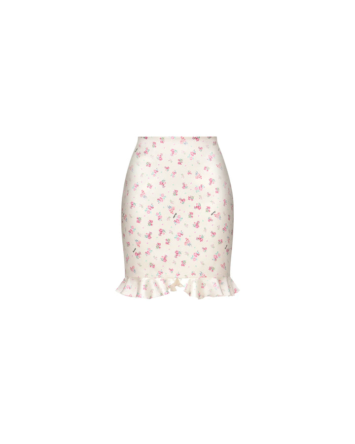 Mona, mini skirt in milky satin with small raspberry flowers