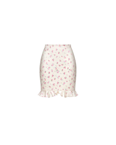 Mona, mini skirt in milky satin with small raspberry flowers