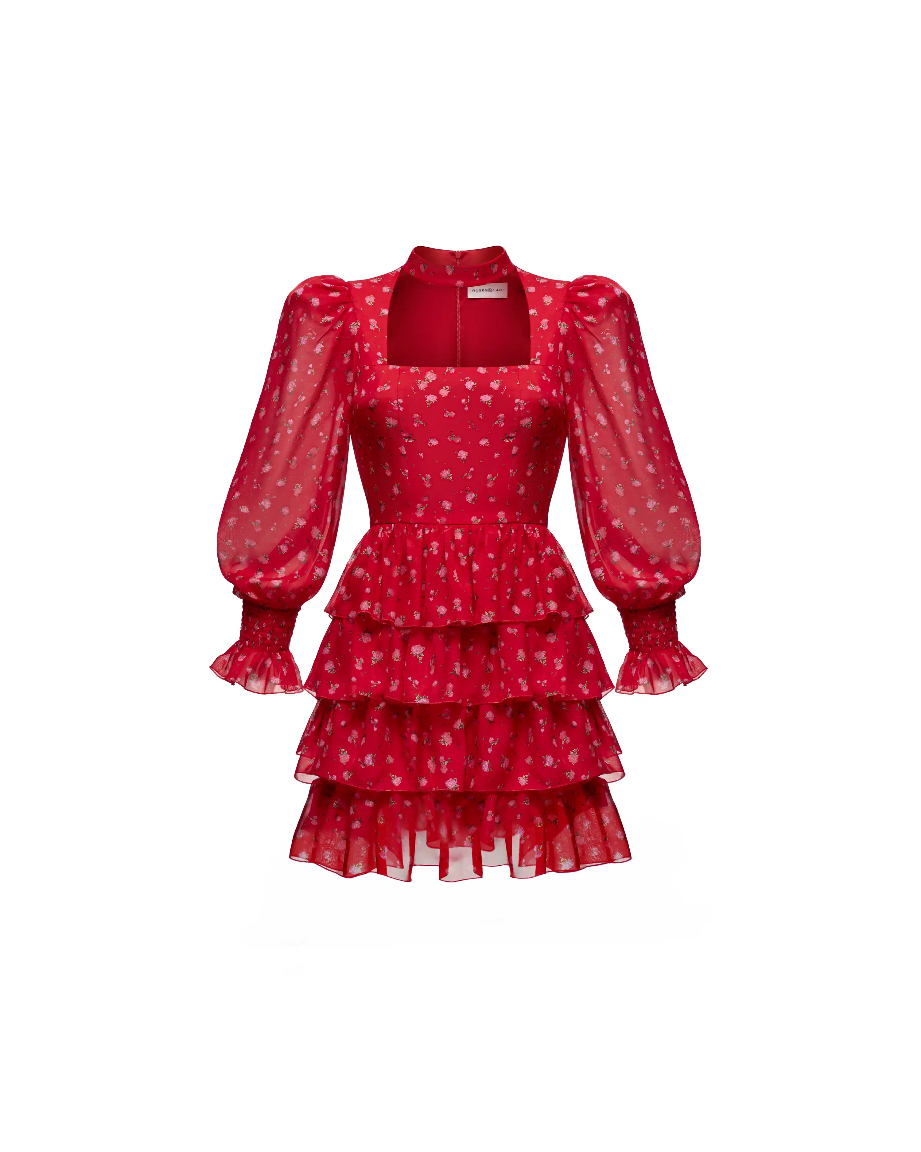 Valerie mini, red chiffon mini dress with floral print