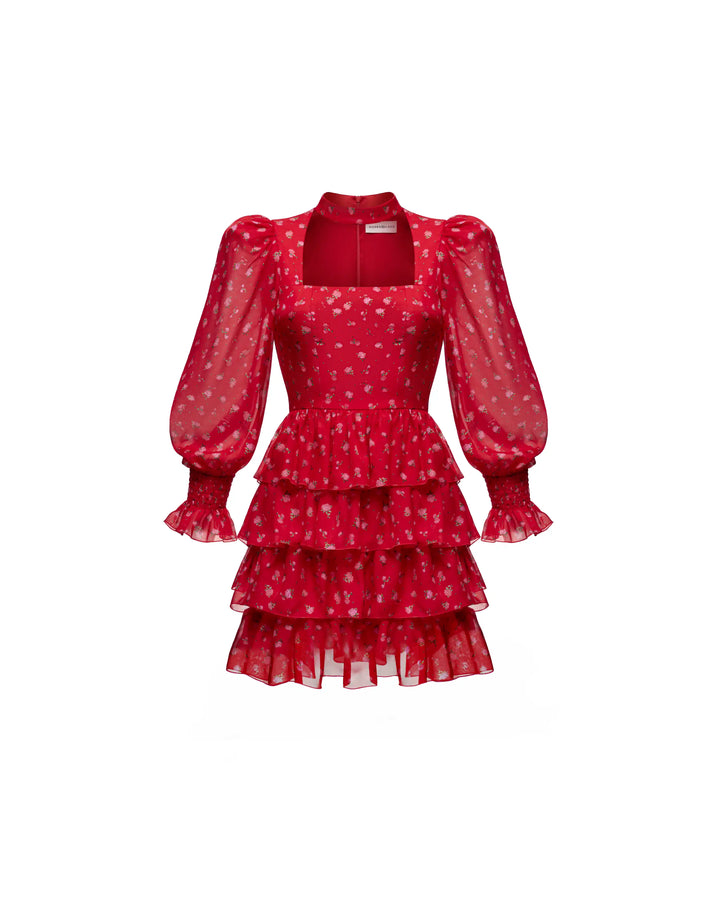 Valerie mini, red chiffon mini dress with floral print