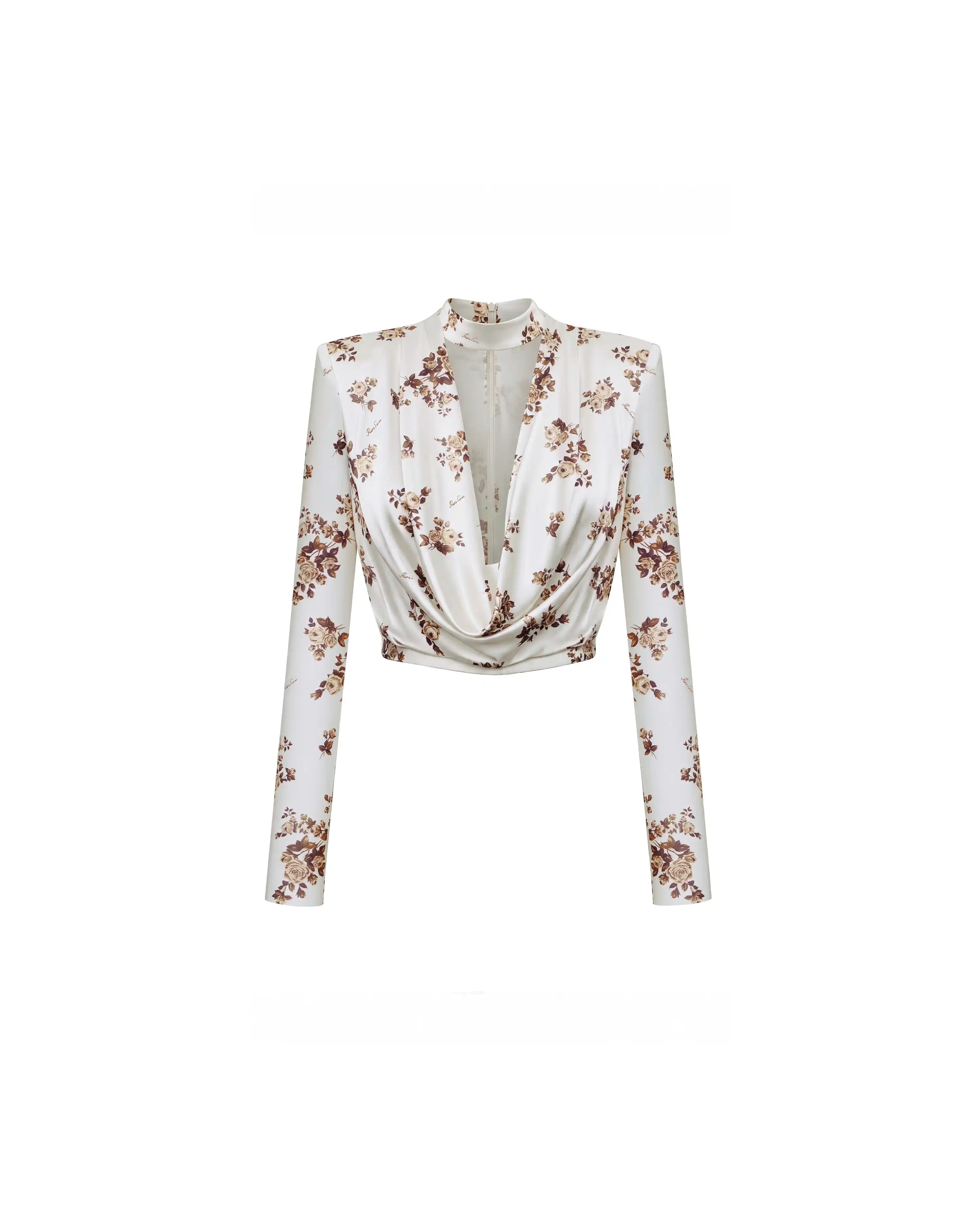 Emma top, milky satin top with brown flowers