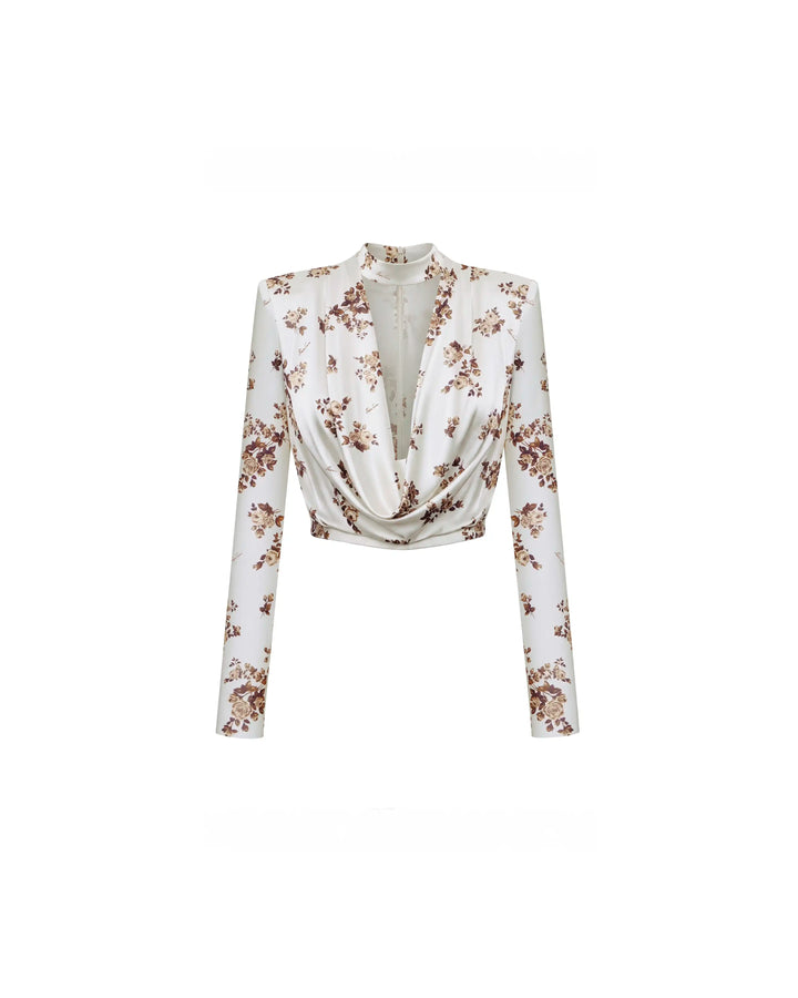 Emma top, milky satin top with brown flowers