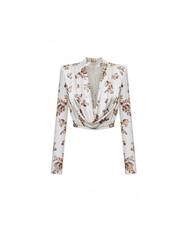 Emma top, milky satin top with brown flowers