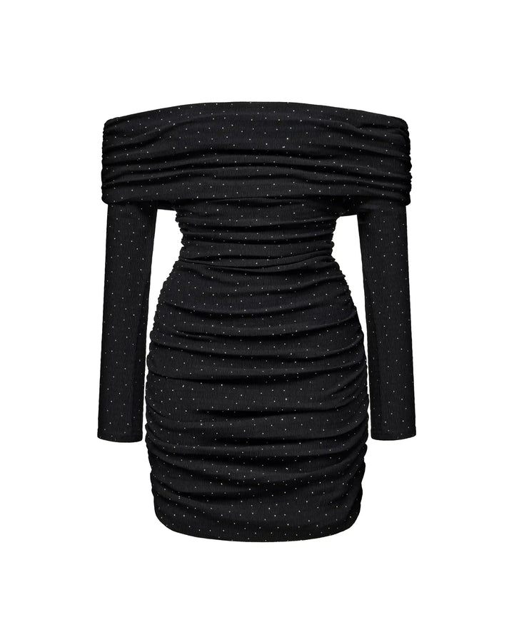 Iry mini, draped mini dress with long sleeves made of black biflex with rhinestones