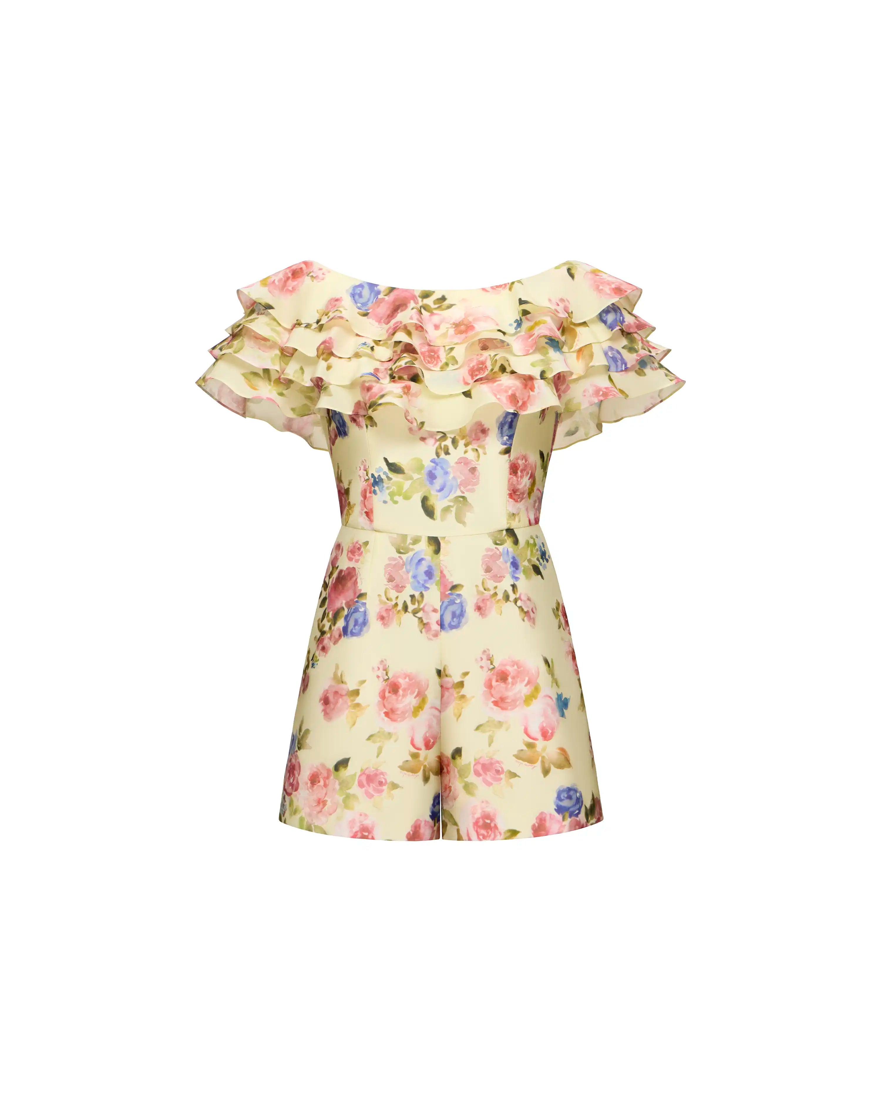 Abby, jumpsuit in pale yellow batiste with a floral print