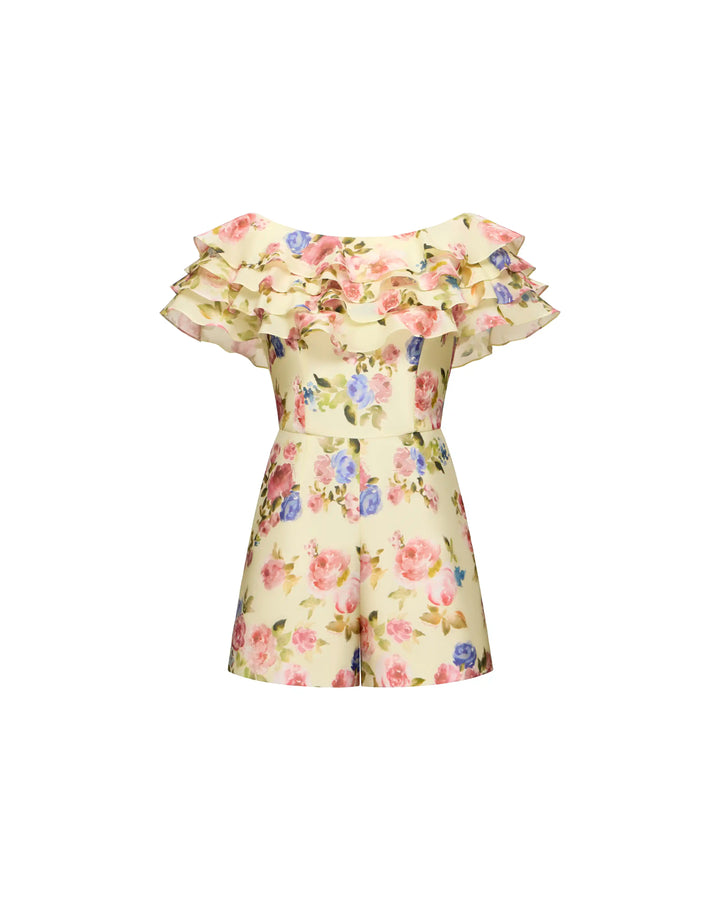 Abby, jumpsuit in pale yellow batiste with a floral print