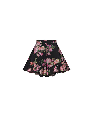 Audrie, mini shorts with ruffles in black crepe de chine with medium pink flowers