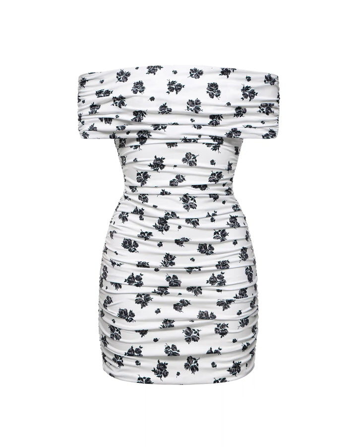 Iren mini, mini dress made of ivory biflex with floral print