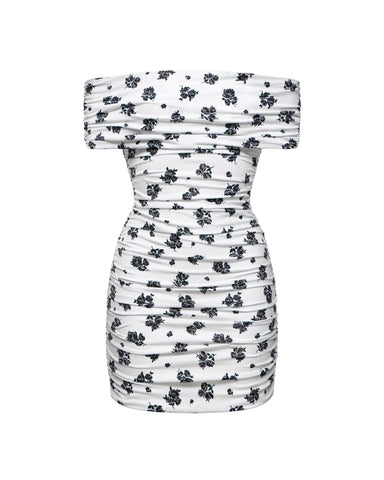 Iren mini, mini dress made of ivory biflex with floral print