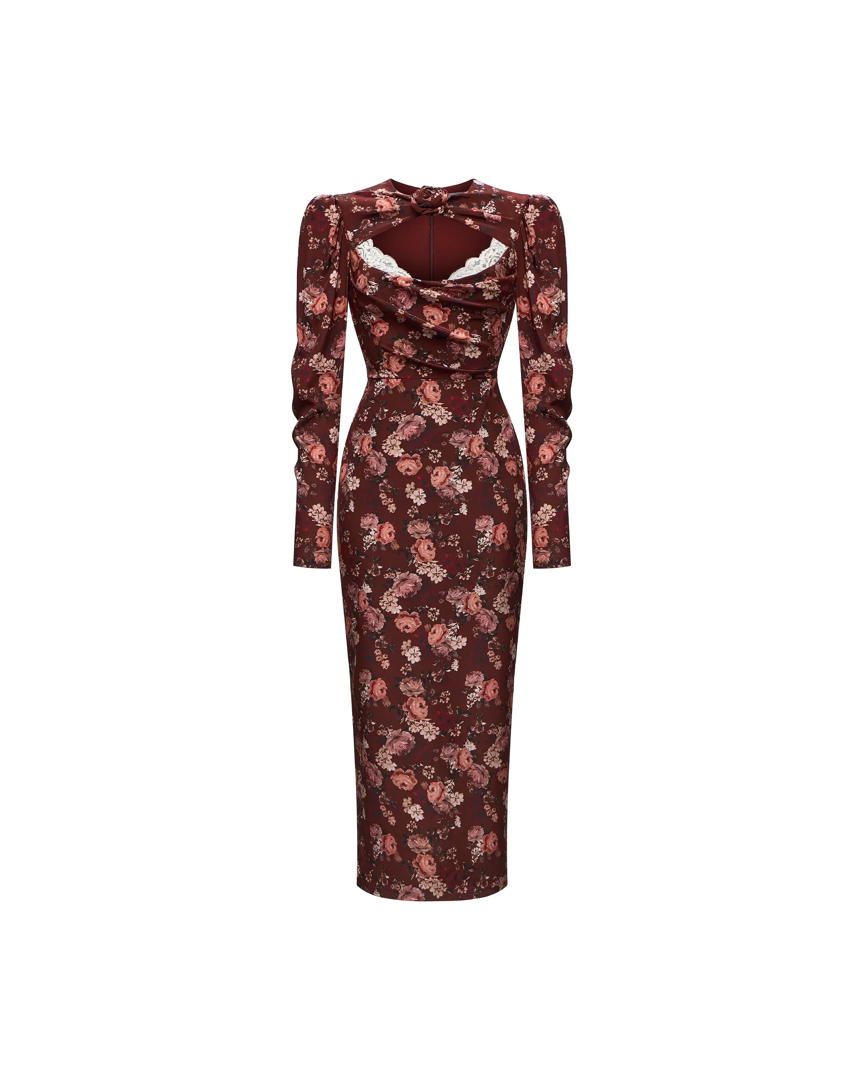 Macel midi, burgundy crepe de chine midi dress with multicolor floral print