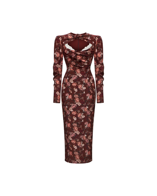 Macel midi, burgundy crepe de chine midi dress with multicolor floral print