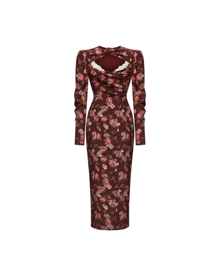 Macel midi, burgundy crepe de chine midi dress with multicolor floral print