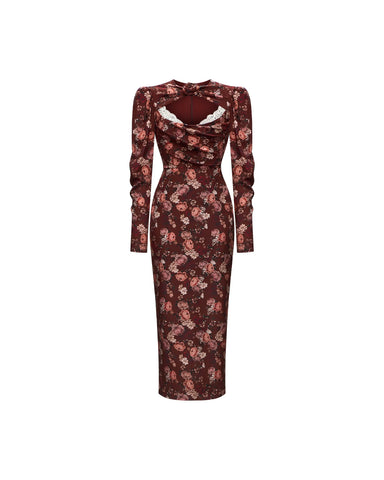 Macel midi, burgundy crepe de chine midi dress with multicolor floral print