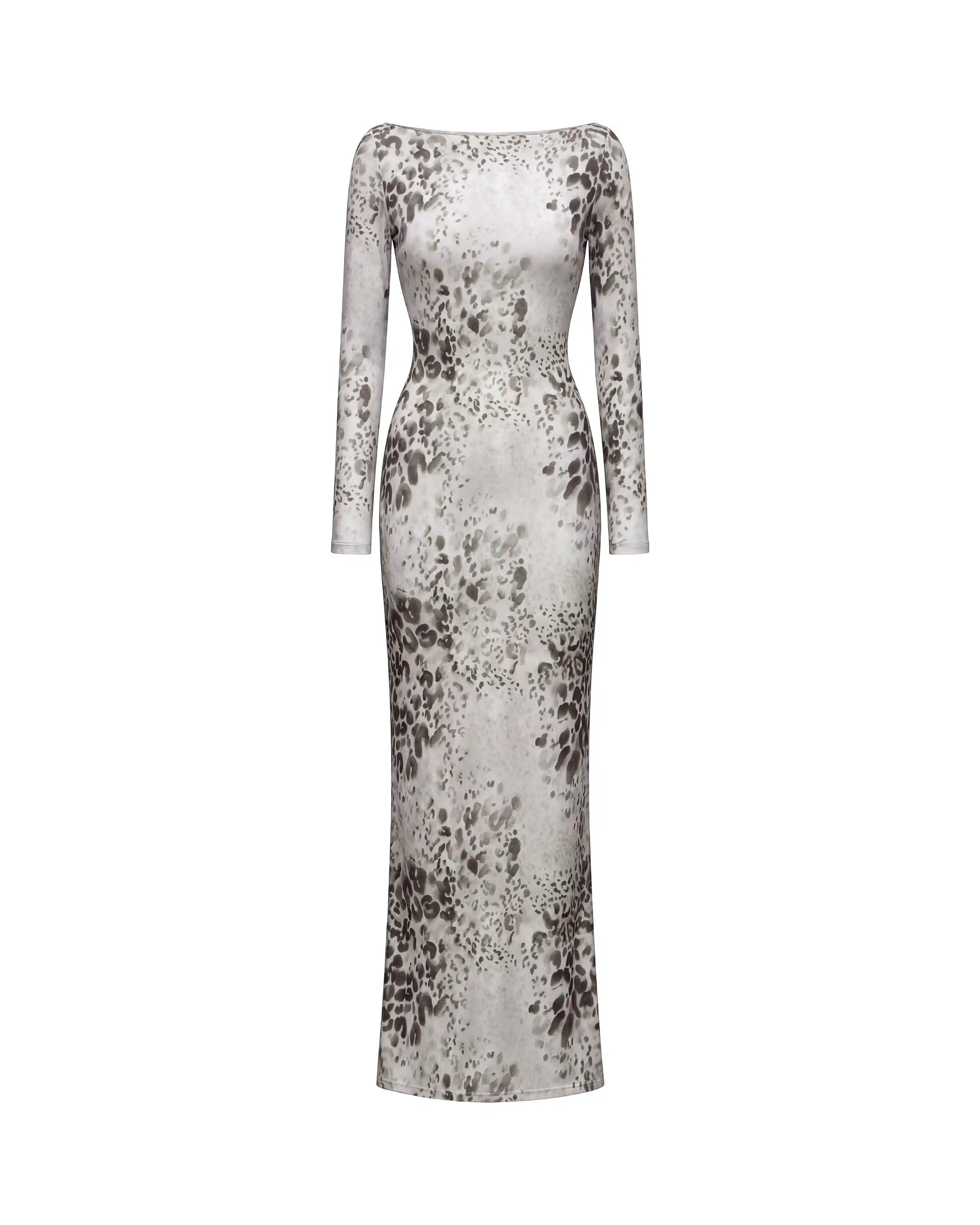 Monet maxi, ivory mesh maxi dress with animal print