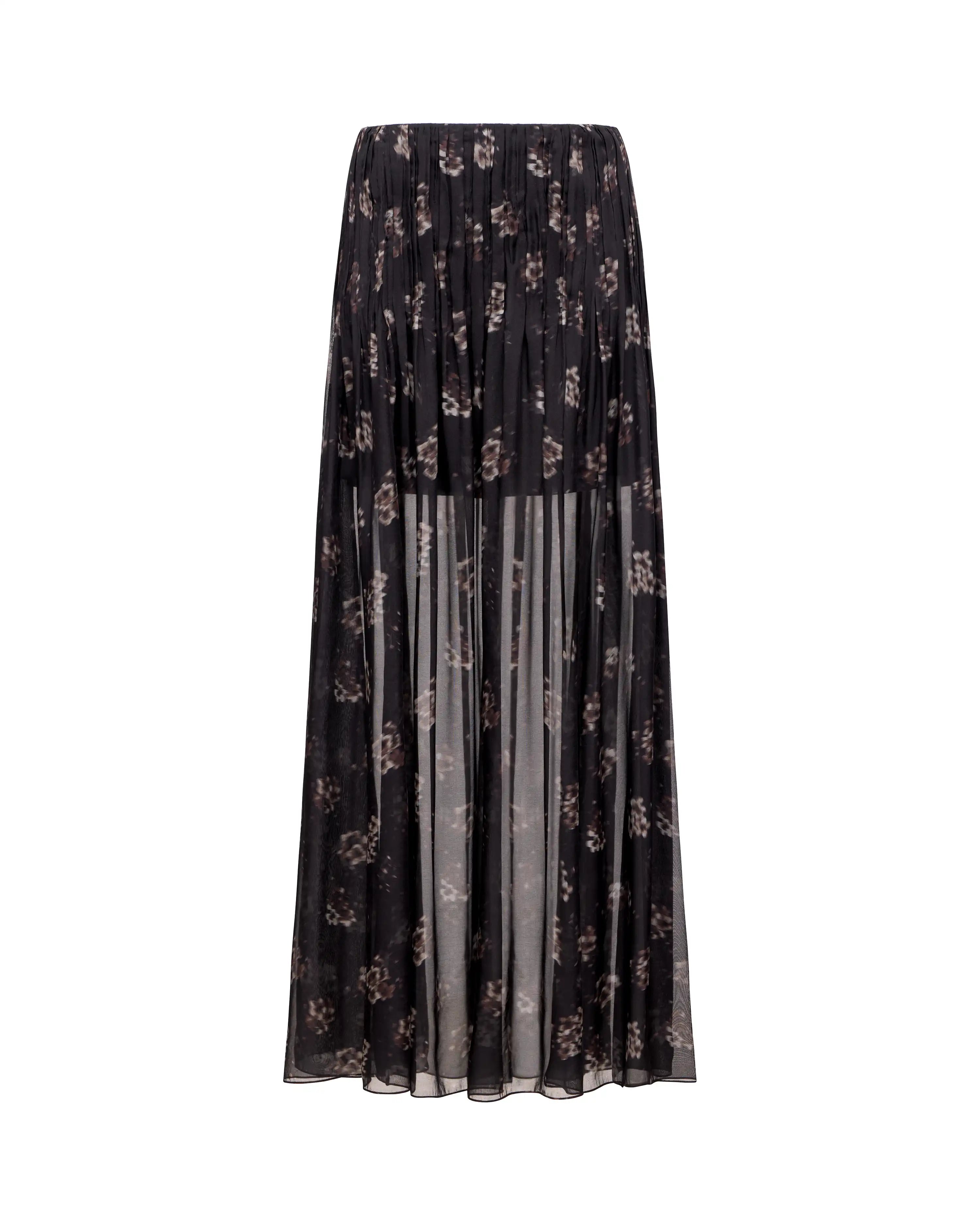 Iya, black chiffon maxi skirt with a medium-scale floral print