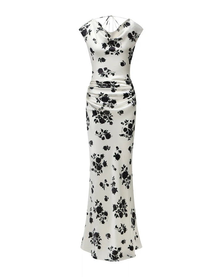 Lucy maxi, maxi dress made of ivory satin with floral print