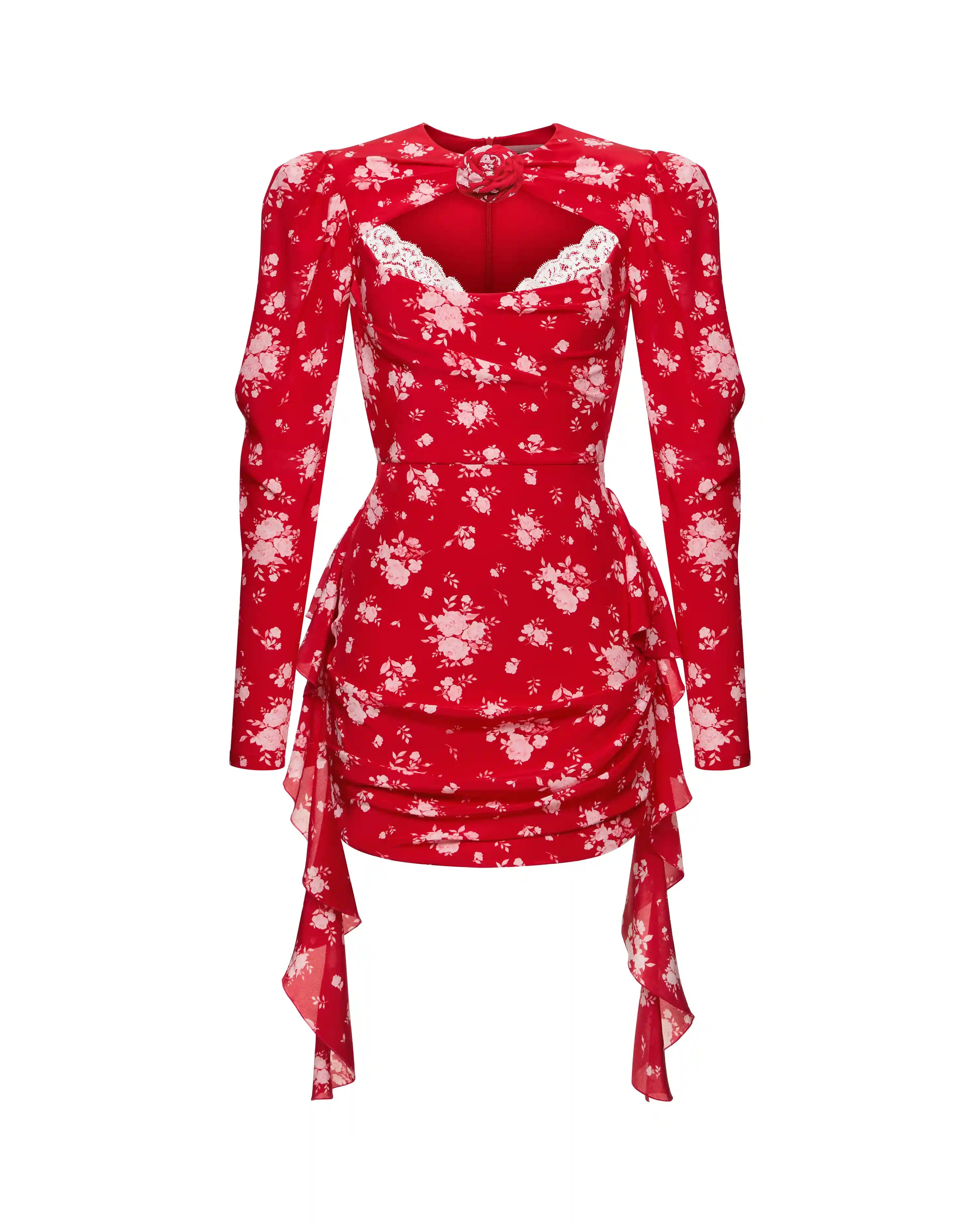Macy mini, red crepe de chine mini dress with a floral print