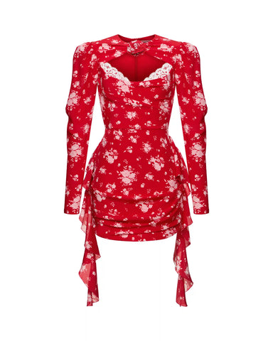 Macy mini, red crepe de chine mini dress with a floral print