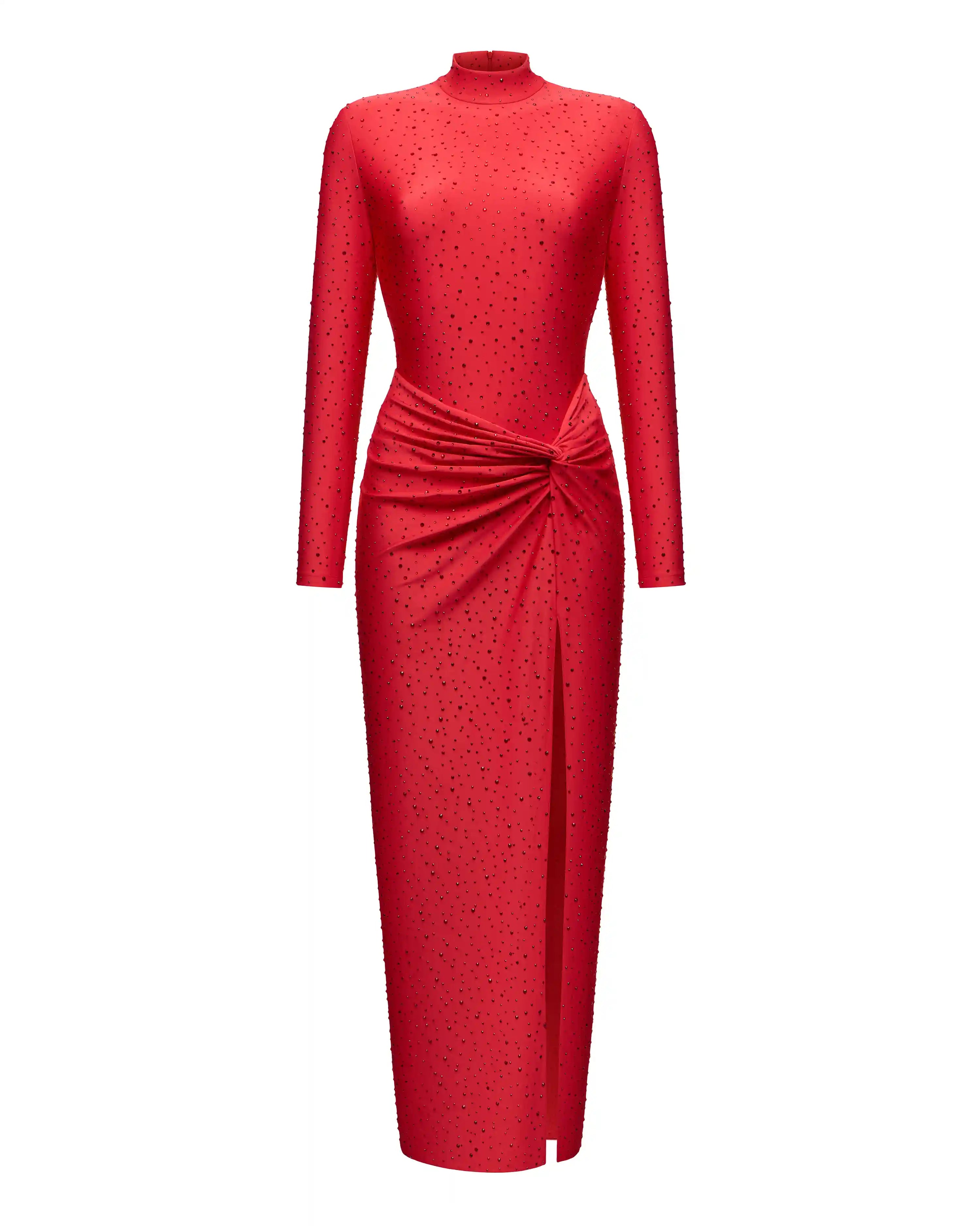 Madeline, maxi dress made of red biflex with rhinestones and a slit