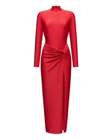 Madeline, maxi dress made of red biflex with rhinestones and a slit
