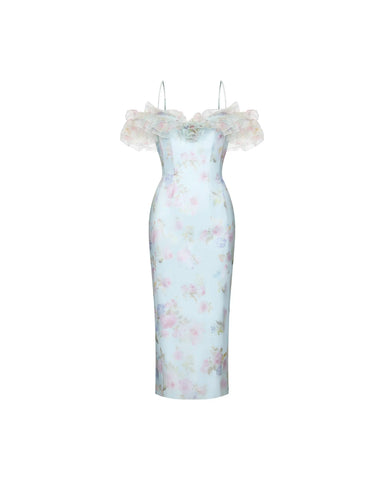 May midi, blue organza midi dress with a floral print, ruffles, and a rose detail