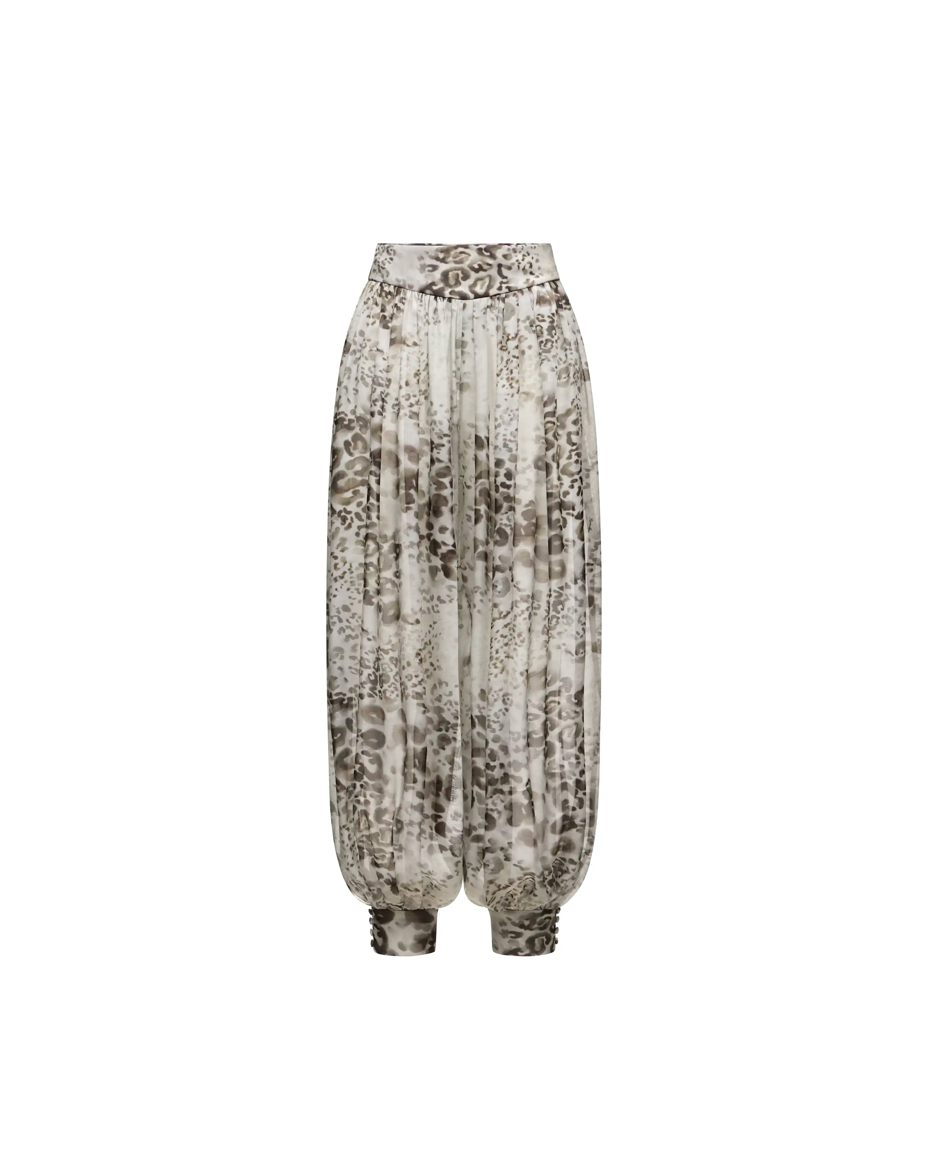 Evie, ivory chiffon pants with animal print
