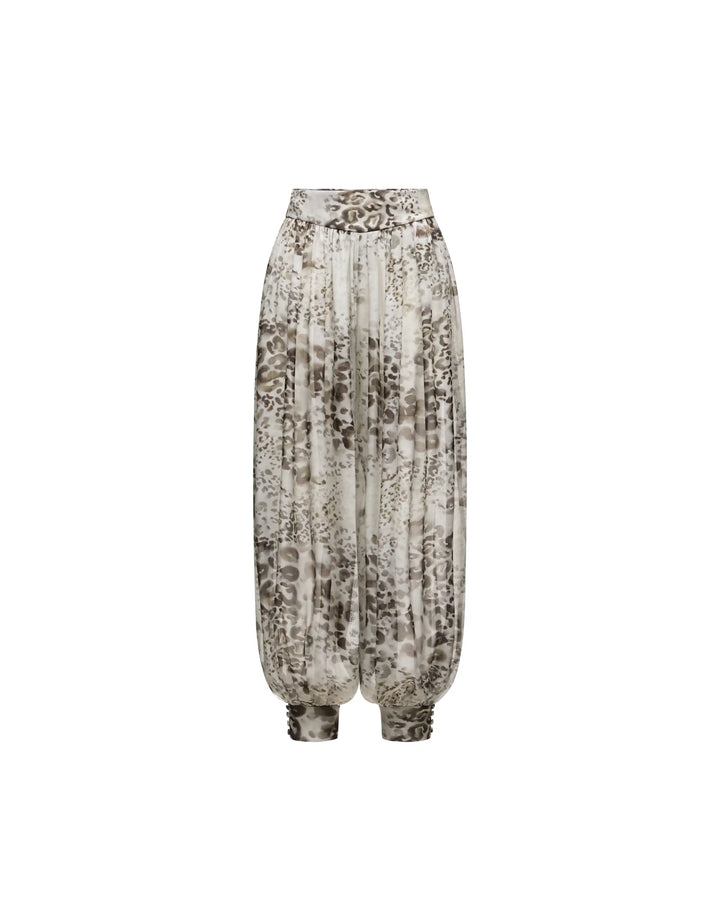 Evie, ivory chiffon pants with animal print