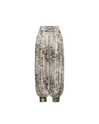 Evie, ivory chiffon pants with animal print