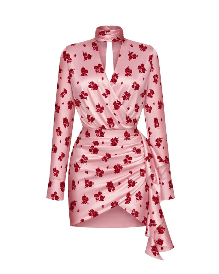 Leah mini, light pink satin mini dress with floral print