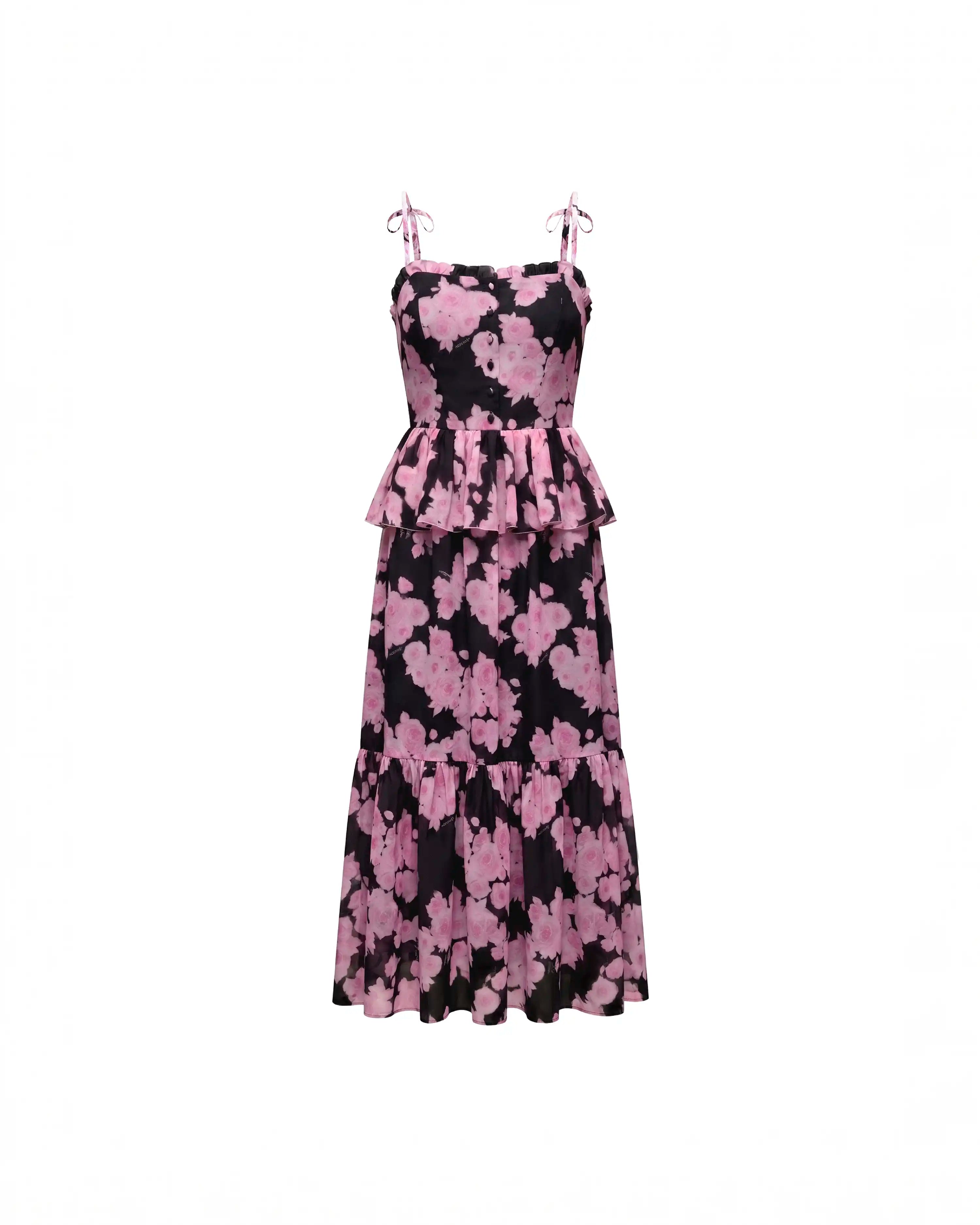 Perla midi, black crepe de chine dress with medium pink flowers