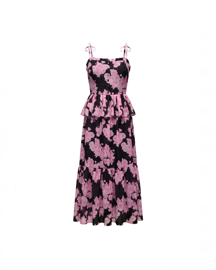 Perla midi, black crepe de chine dress with medium pink flowers