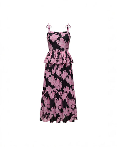 Perla midi, black crepe de chine dress with medium pink flowers