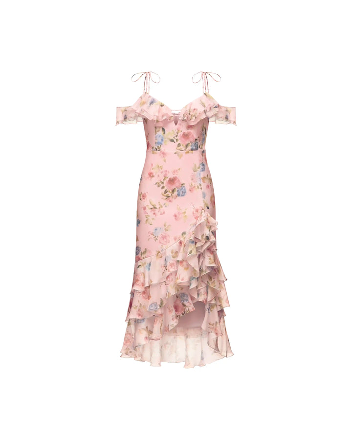 Monika midi, midi dress in light pink chiffon with a floral print