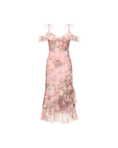 Monika midi, midi dress in light pink chiffon with a floral print