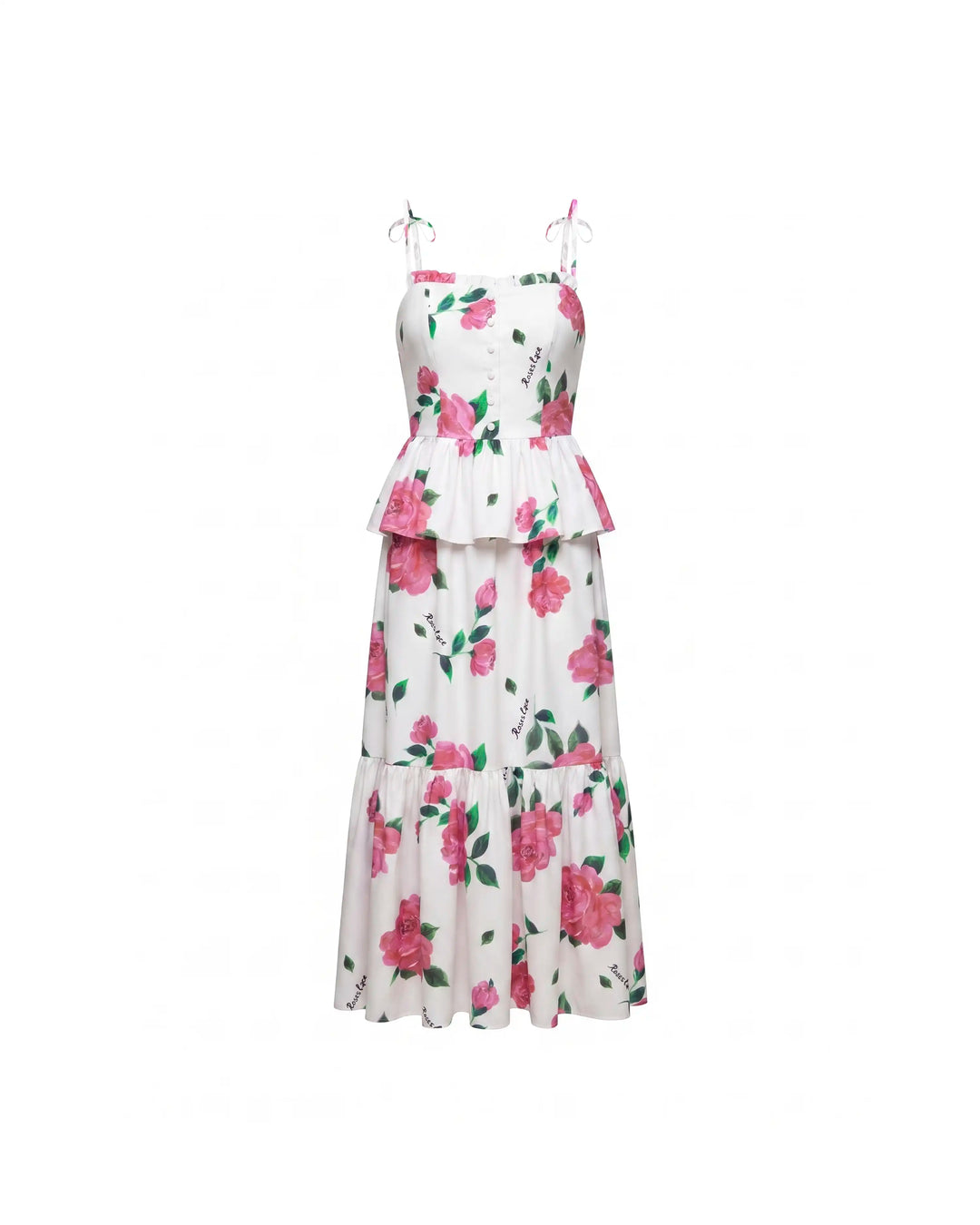 Perla midi, ivory crepe de chine midi dress with raspberry flowers
