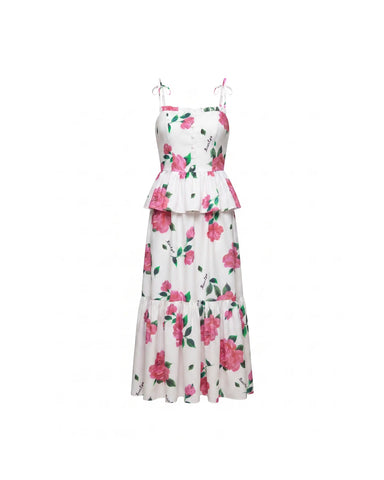Perla midi, ivory crepe de chine midi dress with raspberry flowers