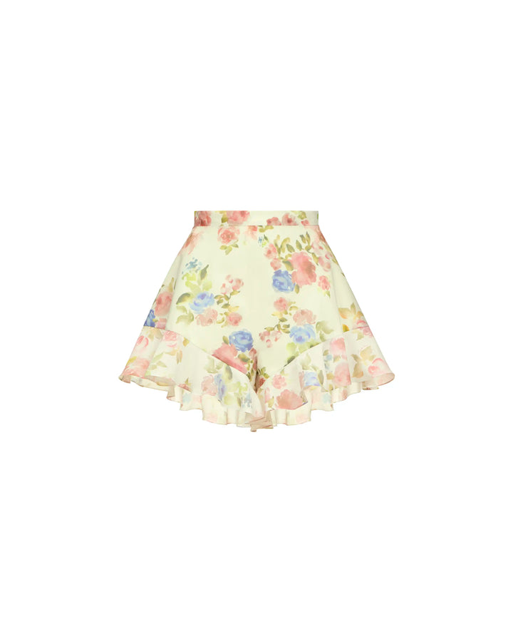 Audrie, shorts with ruffles in pale yellow chiffon with a floral print
