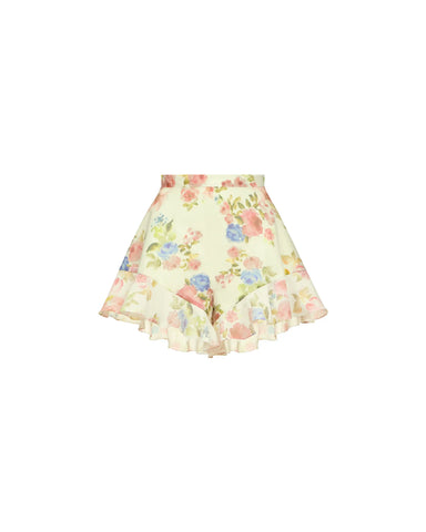 Audrie, shorts with ruffles in pale yellow chiffon with a floral print