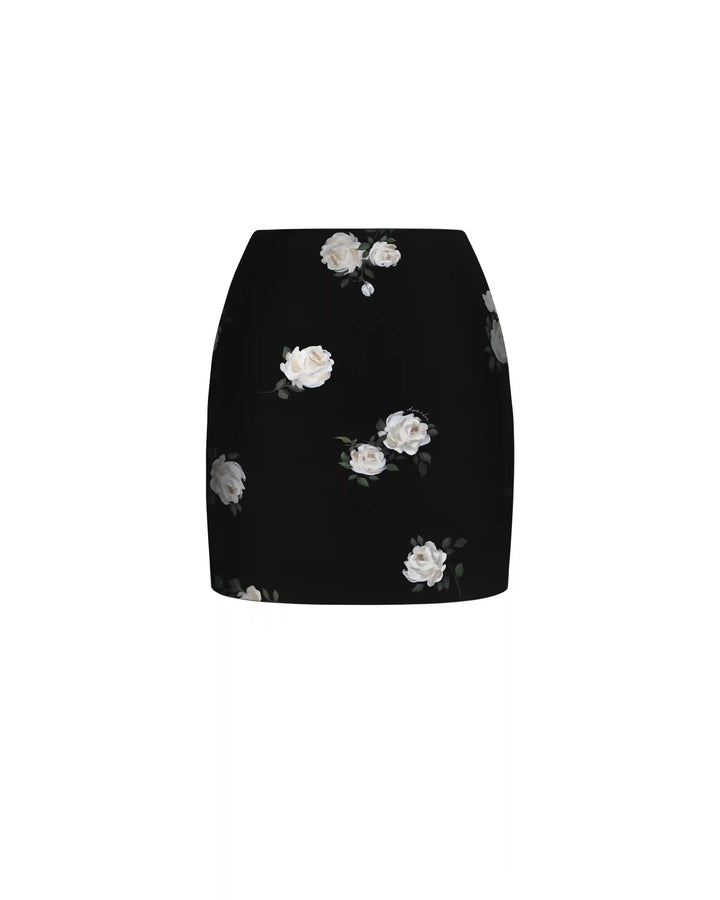 Mona no frill, mini skirt made of black crepe de chine with floral print