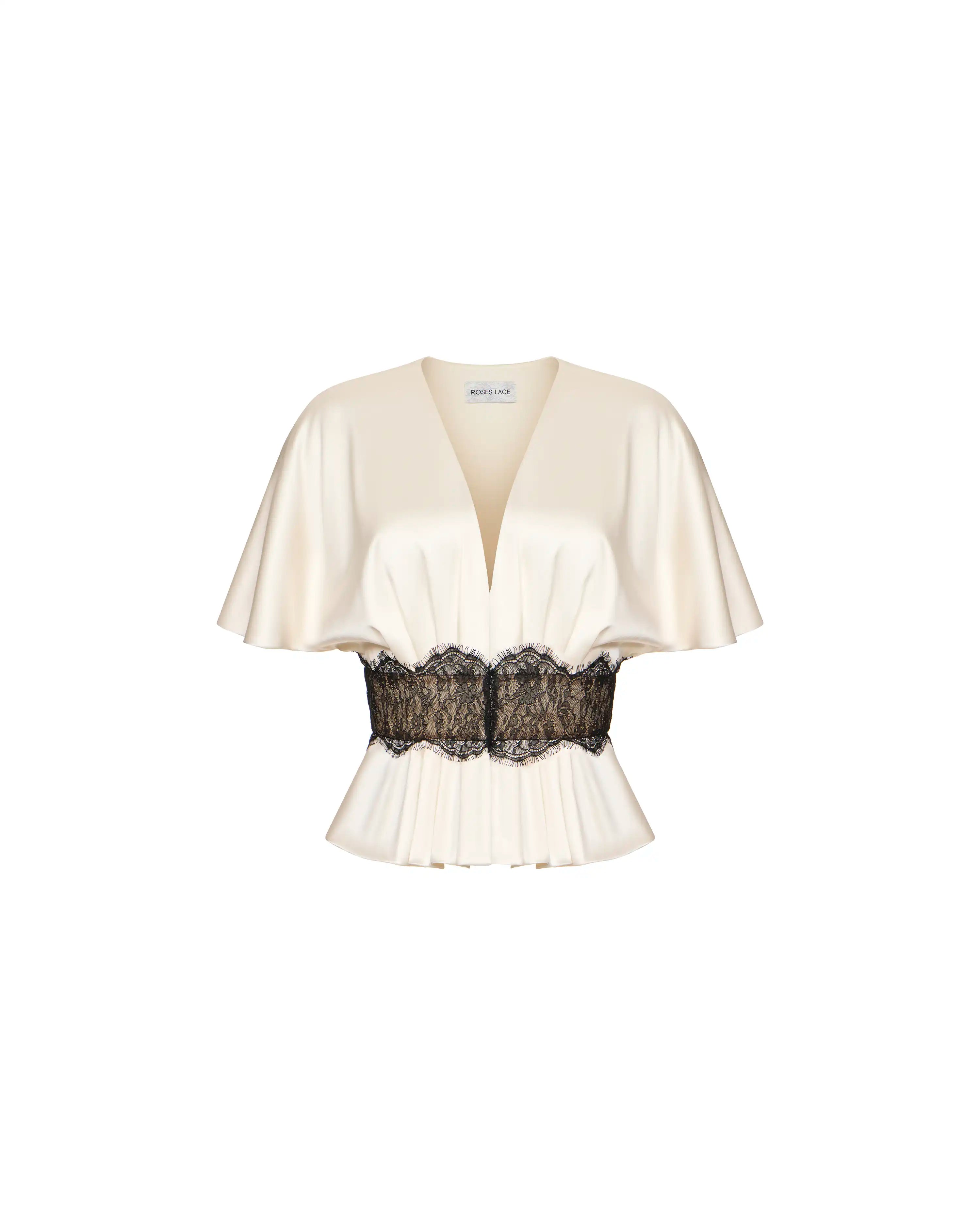 Yasmin, milky satin blouse with black lace trim
