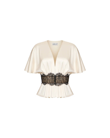 Yasmin, milky satin blouse with black lace trim