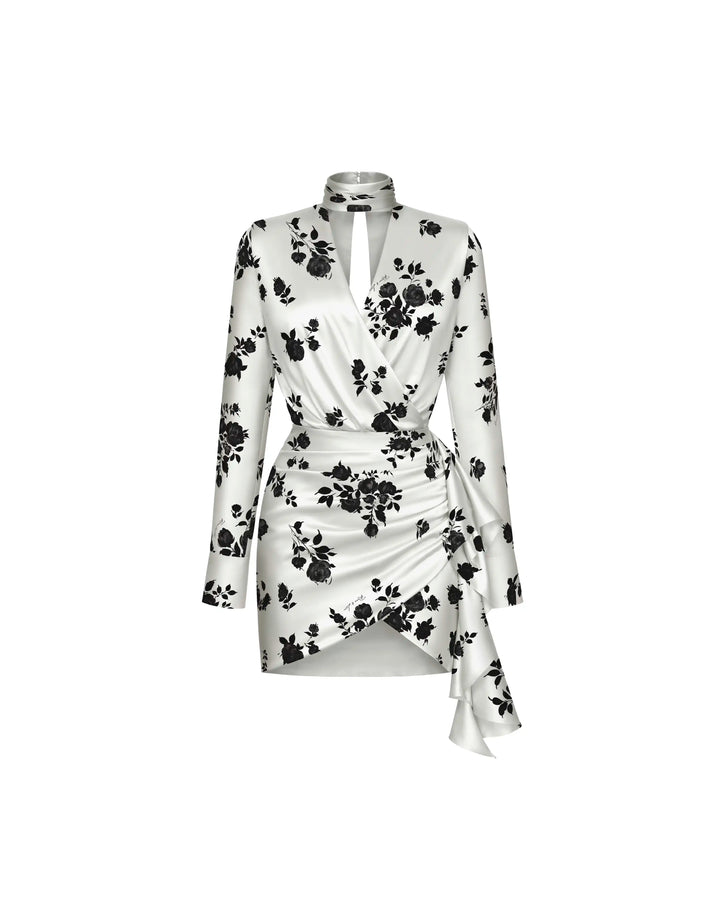 Leah mini, milky satin mini dress with floral print