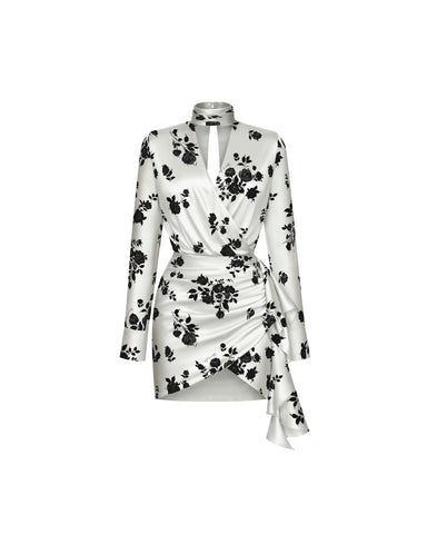 Leah mini, milky satin mini dress with floral print