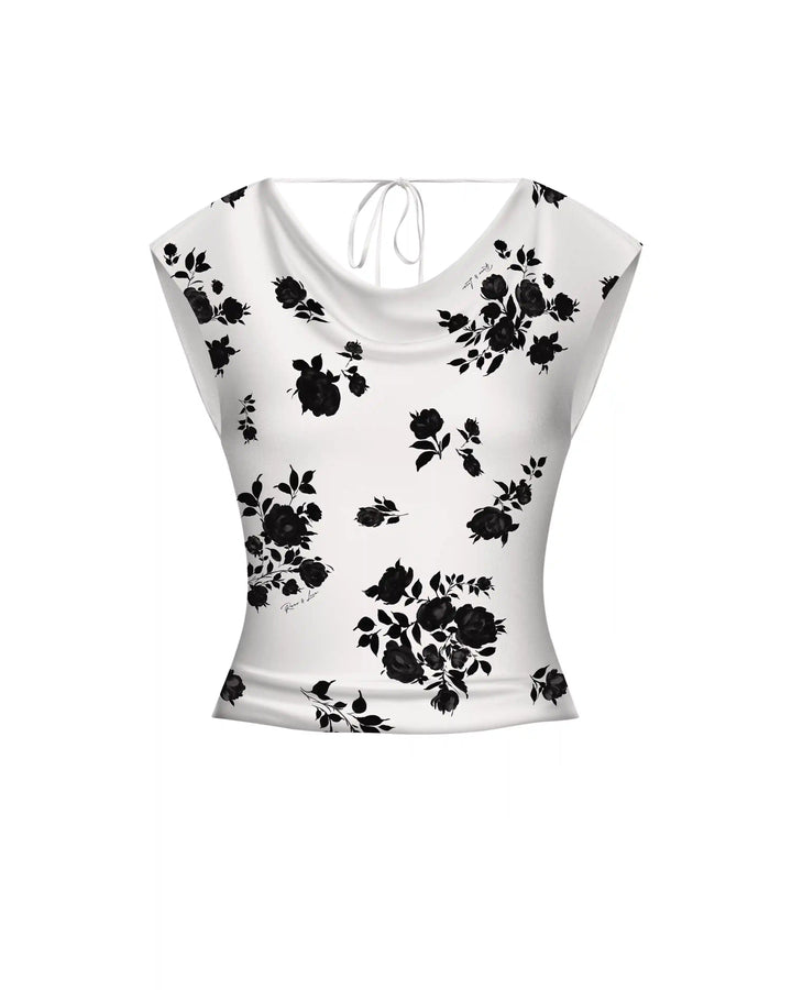 Lucy top, top made of ivory crepe de chine with floral print