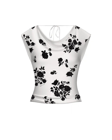 Lucy top, top made of ivory crepe de chine with floral print