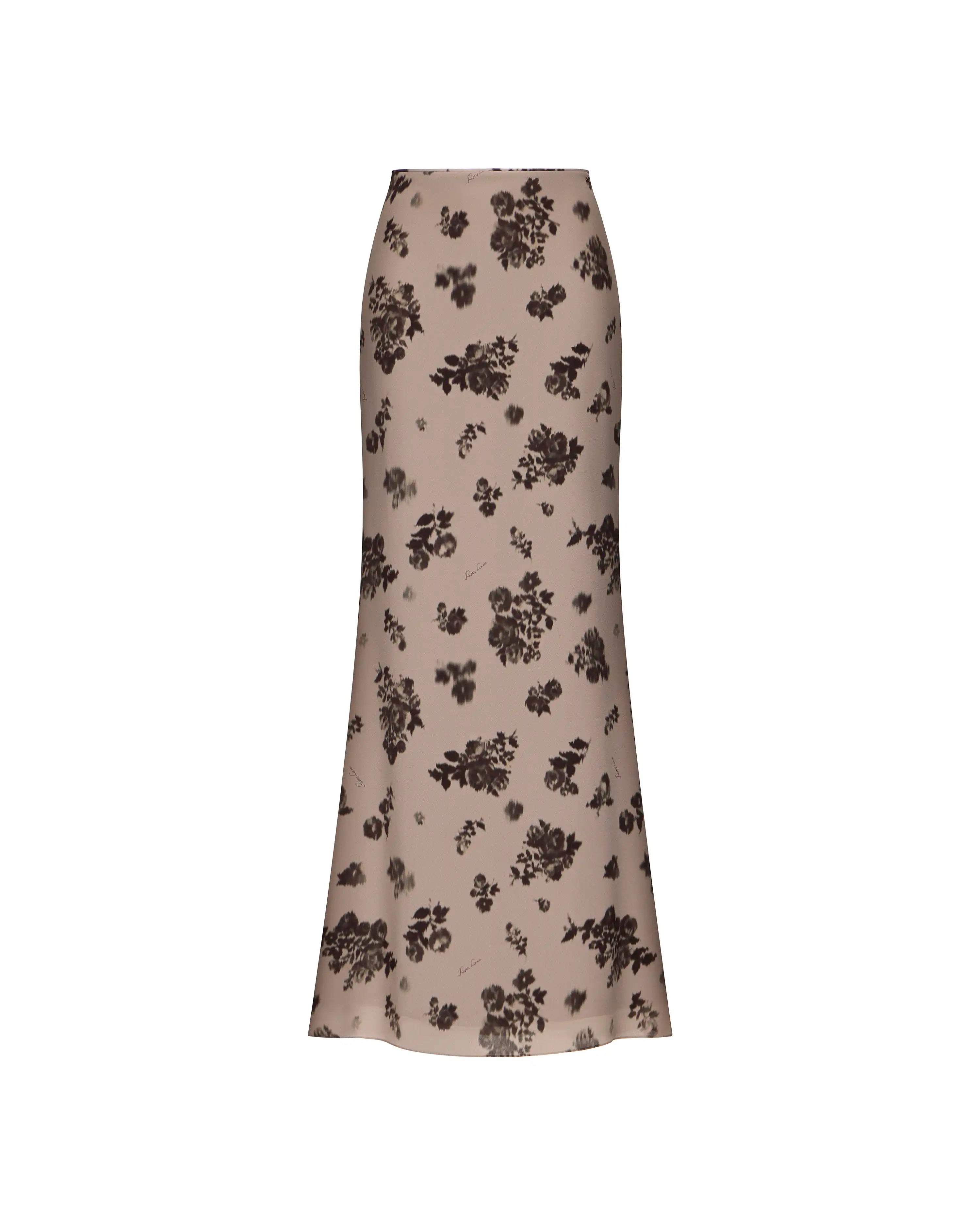Kerelin maxi, beige crepe de chine maxi skirt with chocolate flowers