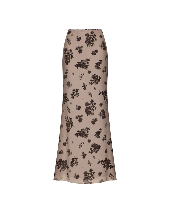 Kerelin maxi, beige crepe de chine maxi skirt with chocolate flowers