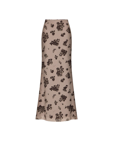 Kerelin maxi, beige crepe de chine maxi skirt with chocolate flowers